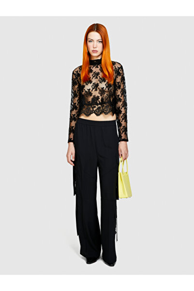 Sisley Μαύρο ελαστικό γυναικείο παντελόνι με φαρδύ πόδι με λεπτομέρεια τσέπης