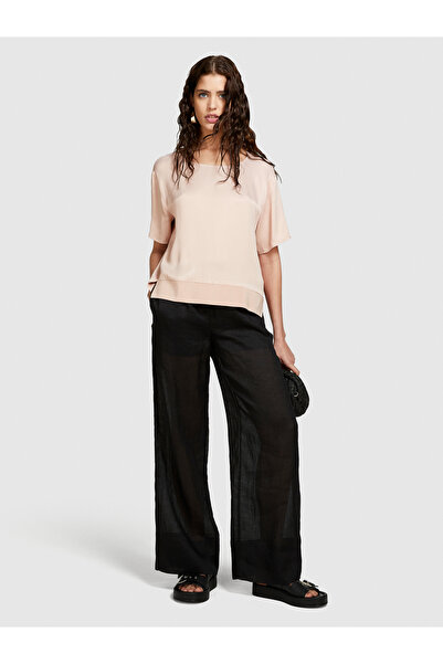 Sisley Μπλούζα με φαρδύ λαιμόκοψη σε μπεζ χρώμα - 100% βισκόζη, με ραβδώσεις και σχισμή