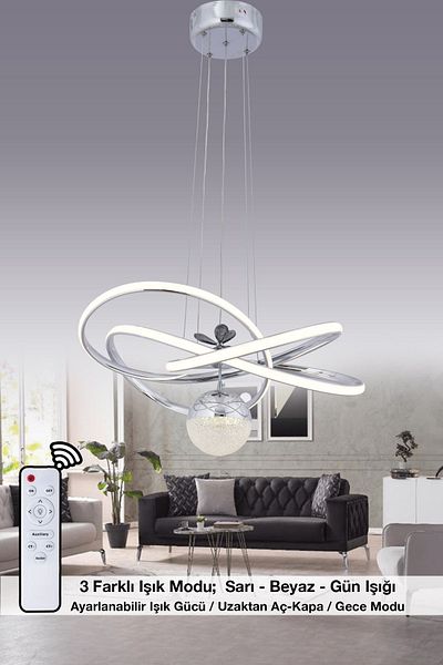 HİRALUCE Lexus 3 Color Controlled and Dimmered Silver (Yellow White and Daylight) Luxury Crystal Stone Led Chandelier
