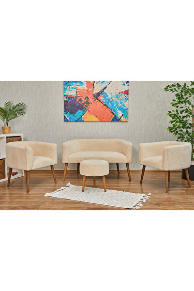 WEBPANYA Milano Krem Teddy Kumaş Çay Seti Koltuk Takımı - Ofis Balkon Kafe Ba...