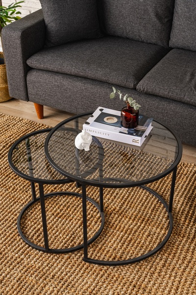 DEKOPRATİK - Tokyo Orta Sehpa 60cm - Ikili Yuvarlak Füme Camlı Orta Masa Takımı