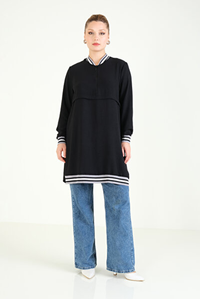 Giyim Dünyası Black Tunic - Ribbed Collar and Half Zipper