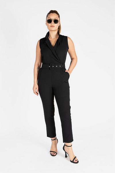 Giyim Dünyası Black Double-breasted Women's Jumpsuit with Collar and Belt
