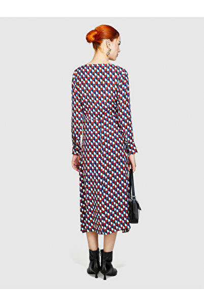 Sisley Дамска рокля с мотиви от вискоза - кафе микс, яка, дълги ръкави