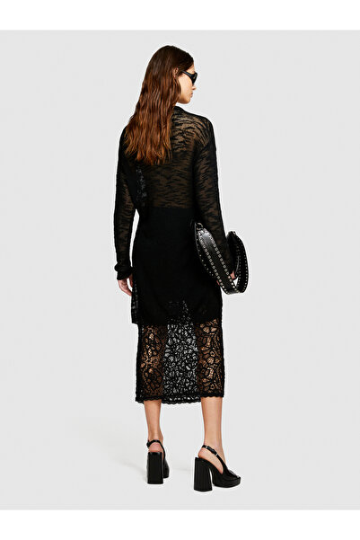 Sisley Black Cotton Midi Pencil Skirt - Two Texture and Slit Sides