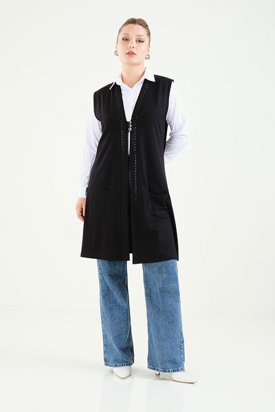 Giyim Dünyası Black Combed Cotton Vest - Women, Three Buttons