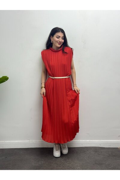 CurcunaShop Kadın Piliseli Kemerli Astarlı Sıfır Kol Elbise