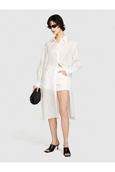 Sisley Λευκό γυναικείο πουκάμισο Ramie - 100% Raya, με κουμπιά και ψηλό σκίσιμο