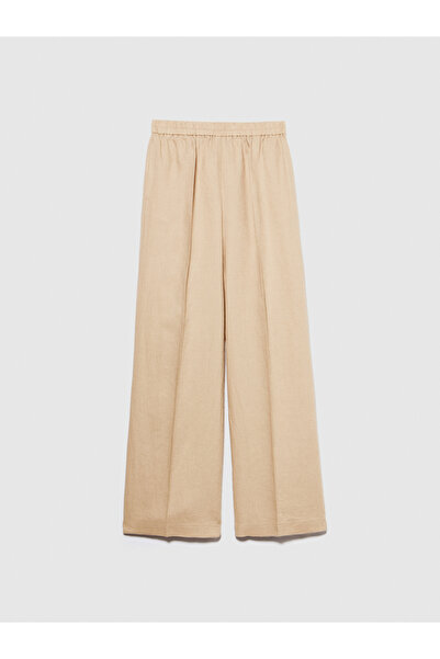 Sisley Γυναικείο παντελόνι σε χρώμα καφέ γάλακτος - 100% λινό, με κορδόνι στη μέση, πλισέ, φαρδύ πόδι