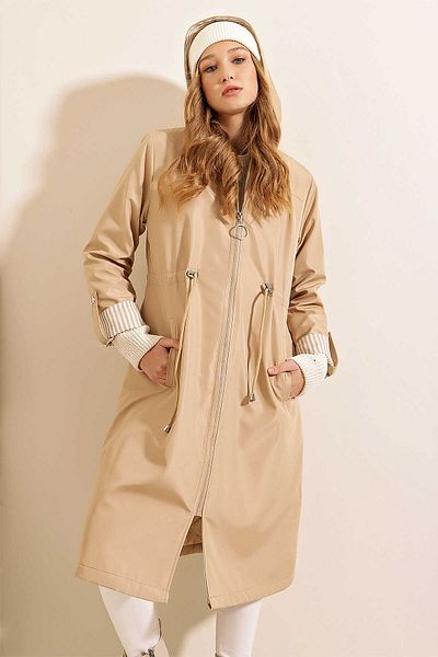 Giyim Dünyası Beige Women's Trench Coat - Drawstring Waist and Hooded