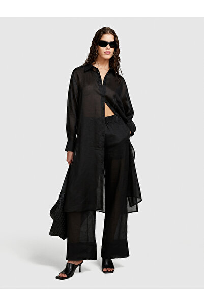 Sisley Black Ramie Women's Shirt - 100% Raya, Buttoned and High Slit