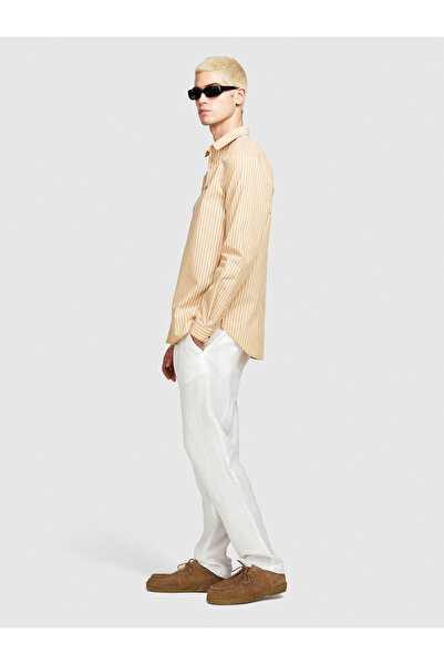 Sisley Erkek Hardal Mix Pamuk Karışımlı Çizgili Arkası Pileli Slim Fit Gömlek
