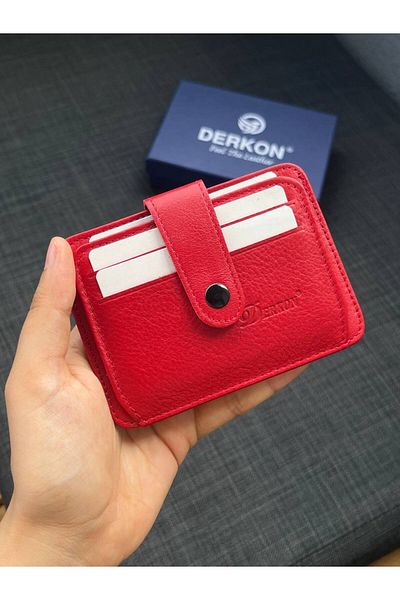DERKON Genuine Leather Unisex Red Card Holder Wallet