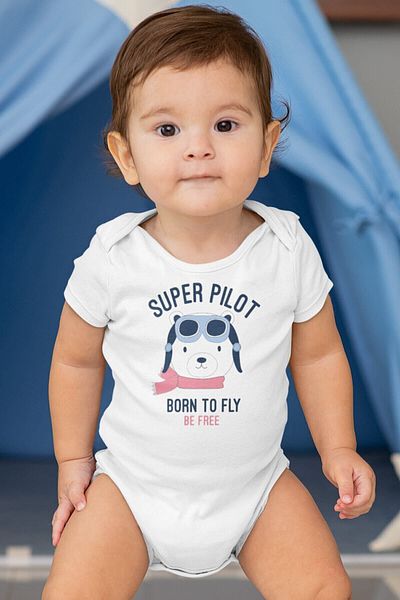 Overoz بدلة أطفال من القطن العضوي بطبعات Super Pilot - بدلة للجسم بأكمام قصيرة وأزرار كبس 5400