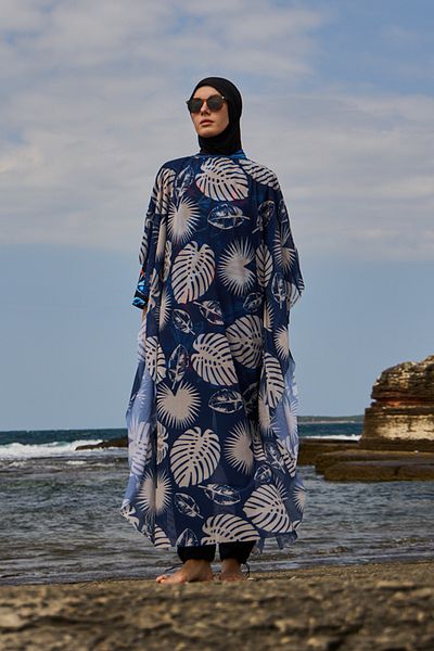 Starinci Mayo Women's Navy Blue Leaf Patterned Pareo New Season