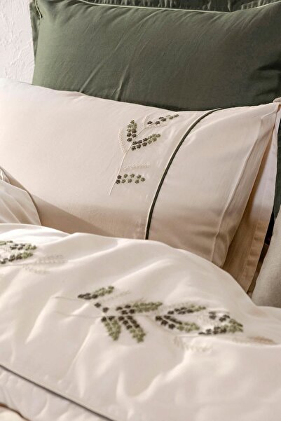 Ecocotton Deep Green King Size 100% Organic Cotton Hand Embroidered Bedding Set
