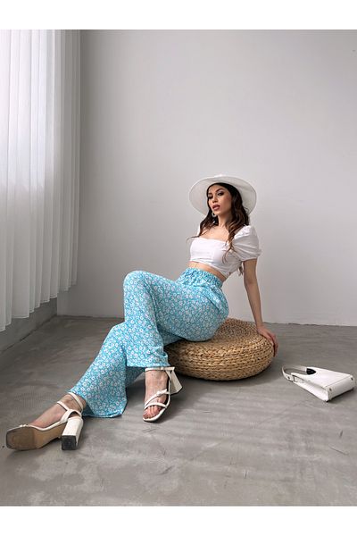 Fav Style High Waist Elastic Patterned Women's Palazzo Trousers - Light Blue