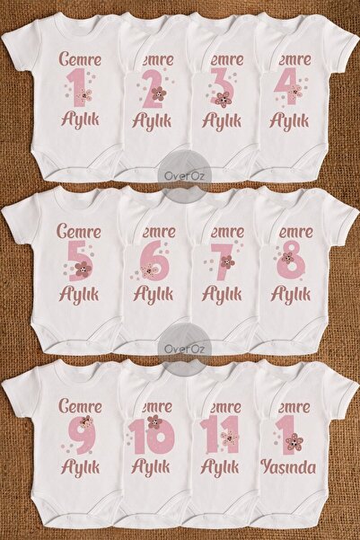 Overoz İsme Özel Kişiselleştirilebilir 12'li Aylık Bebek Body Seti Zıbın Yeni...