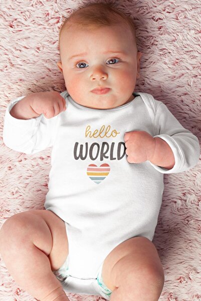 Overoz Hello World Printed Organic 100% Cotton Baby Bodysuit - Long Sleeve Ju...