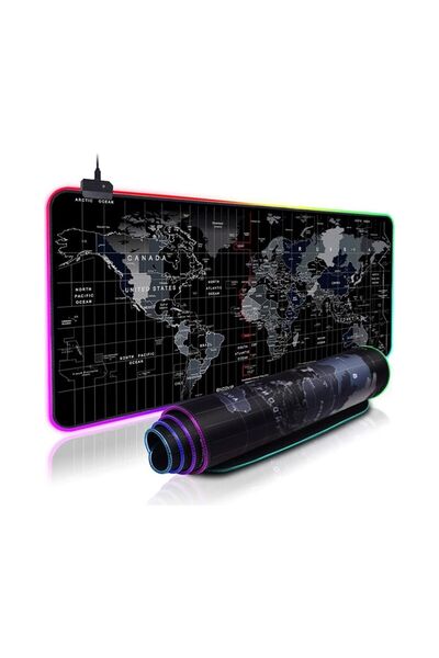 SNEXPRES Dünya Desenli Işıklı Rgb Oyuncu Mouse Pad 78x30 Cm Kaymaz Ledli Mous...