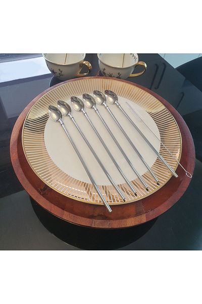 LOVYCO Set of 6 Stainless Chrome Straw Cocktail Bar Spoons and Cleaning Brush, Latte Spoon with Straw 22 Cm