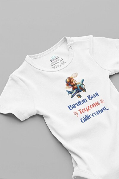 Overoz Organik %100 Pamuk Bırakın Beni Teyzeme Gidicem Baskılı Çıtçıtlı Bebek Body Badi Zıbın Tulum 5623