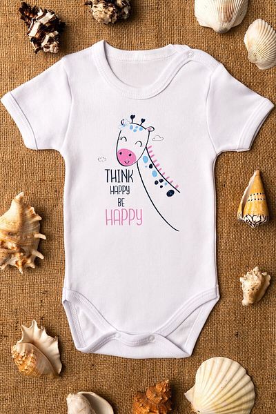Overoz Think Happy Giraffe Printed Organic Cotton Baby Bodysuit - Short Sleeve Jumpsuit with Snap Fasteners 5511