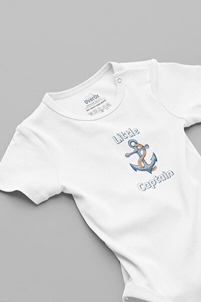 Overoz Organic 100% Cotton Little Captain Captain Printed Baby Bodysuit White Bodysuit with Snap Fasteners 5794