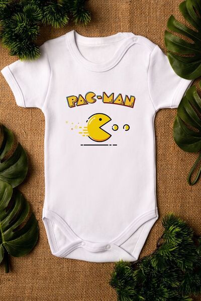 Overoz Pac Man Printed Organic 100% Cotton Baby Bodysuit - Snap-On Bodysuit J...