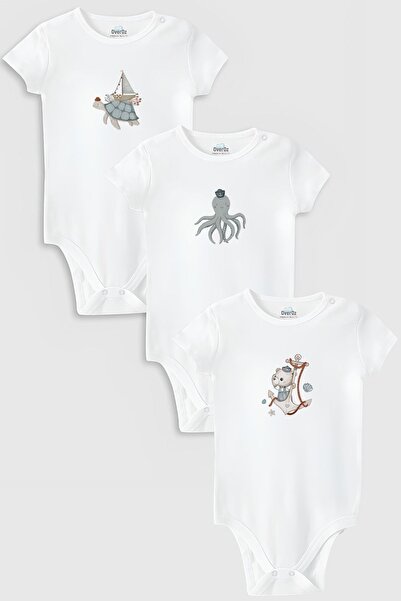 Overoz Organik %100 Pamuk Deniz 3'lü Bebek Body Set Beyaz Bebek Badi Çıtçıtlı...