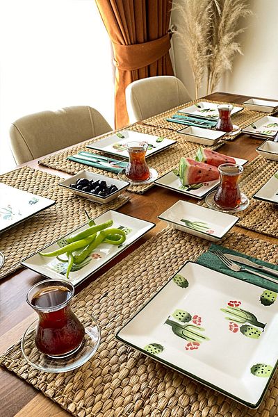 ŞURA MUTFAK 14 Piece Breakfast Set for 6 People - Cactus Patterned Hand Painted