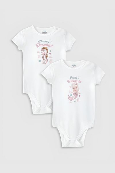 Overoz Organic Cotton Mermaid Printed 2-Piece Baby Bodysuit Set - Badi and Bodysuit with Snap Fasteners 5801-5802