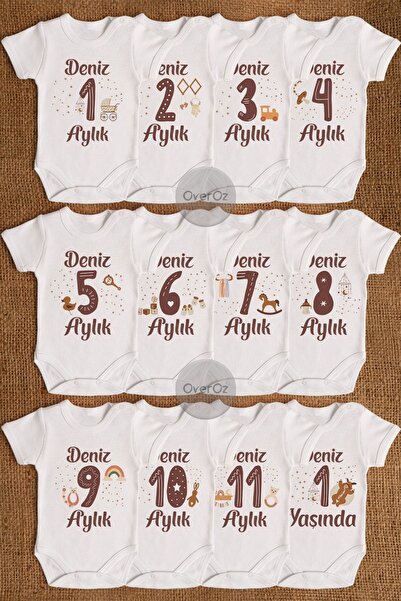 Overoz İsme Özel Kişiselleştirilebilir 12'li Aylık Bebek Body Seti Zıbın Yeni...