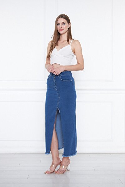 KaSheHa Koyu Mavi Önden Derin Yırtmaçlı Püsküllü Cepli Yüksek Bel Pamuklu Kot Etek 88 Cm