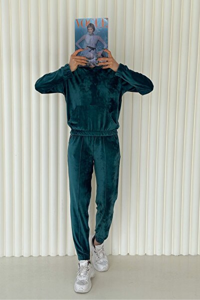 KaSheHa Zümrüt Yeşili Kapüşonlu Çimalı Beli Ve Paçası Lastikli Kanguru Cepli ...