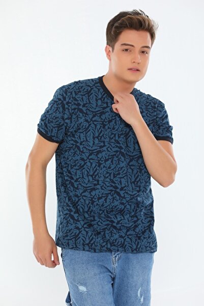OXVİN Чоловіча темно-синя футболка з еластичним коміром та рукавом з візерунком преміум якості