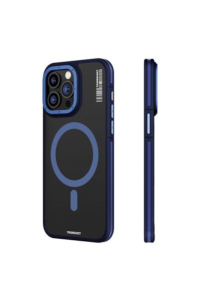 Youngkit iPhone 15 Pro Max Uyumlu Kılıf Magsafe Şarj Özellikli Youngkit Rock Sand Serisi Kapak Mavi