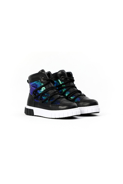 kids A more Fancy Leather and Sequin Lace-Up Girl's Boots Black