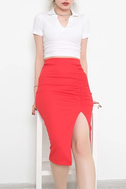 KaSheHa Kırmızı Büzgülü Yırtmaçlı Uzun Full Krep Pamuklu Kumaş Kalem Etek