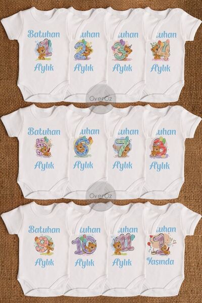 Overoz İsme Özel Kişiselleştirilebilir 12'li Aylık Bebek Body Seti Zıbın Badi...