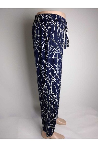 YAŞAR TRİKO Navy Blue Cream Patterned - Viscose Women's Bottomwear with Double Pockets and Elastic Waist