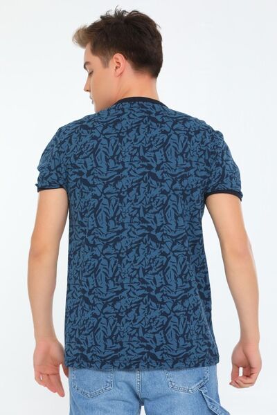 OXVİN Чоловіча темно-синя футболка з еластичним коміром та рукавом з візерунком преміум якості