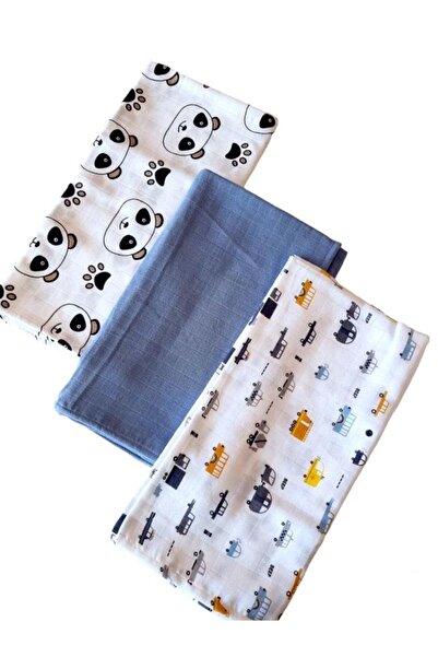 The Byzia 3-Piece Muslin Blanket Panda - Blue - White - Car 3 Different Combi...