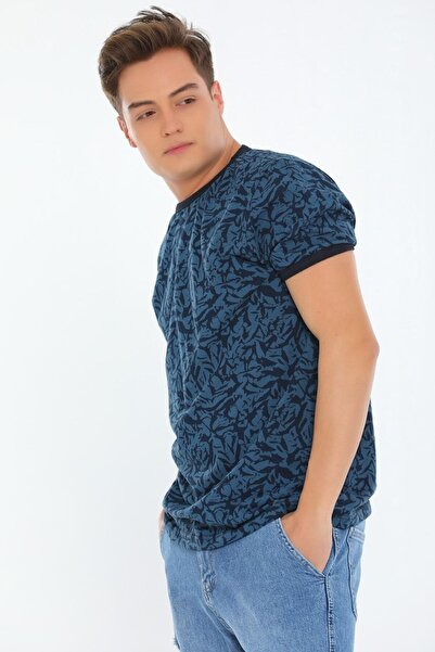 OXVİN Ανδρικό μπλουζάκι υψηλής ποιότητας με ελαστικό σχέδιο με μανίκι μπλε ναυτικό