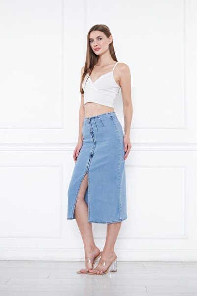 Siyah Kadın Mavi Önden Derin Yırtmaçlı Boydan Fermuarlı Yüksek Bel Kot Etek