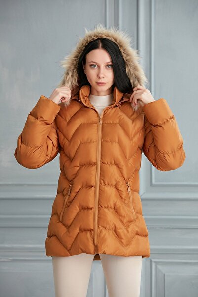 KaSheHa Taba Tüy Peluş Çıkarılabilir Kapüşonlu Cepli Su Geçirmez Şişme Mont 7...