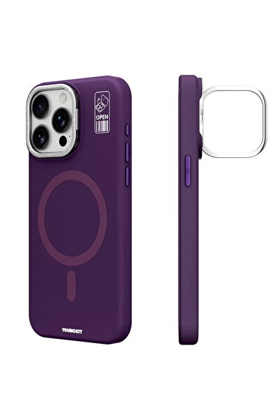 Youngkit iPhone 14 Pro Kılıf Magsafe Şarj Özellikli Kamera Standlı Silikon Youngkit Bitty Cream Kapak Mor
