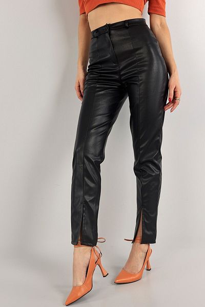 KaSheHa Black Velvet Lined Lycra Slit High Waist Leather Trousers