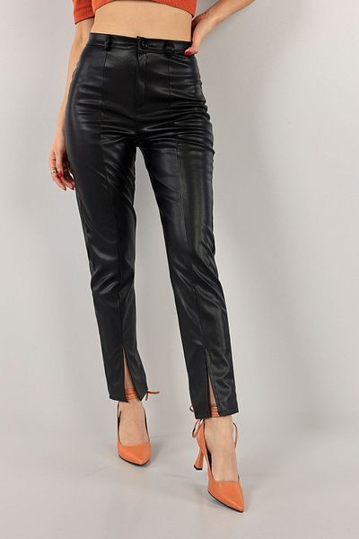 KaSheHa Black Velvet Lined Lycra Slit High Waist Leather Trousers
