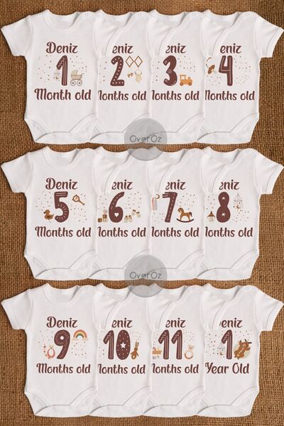 Overoz Isme Özel Kişiselleştirilebilir 12'li Aylık Bebek Body Seti Zıbın Yeni...